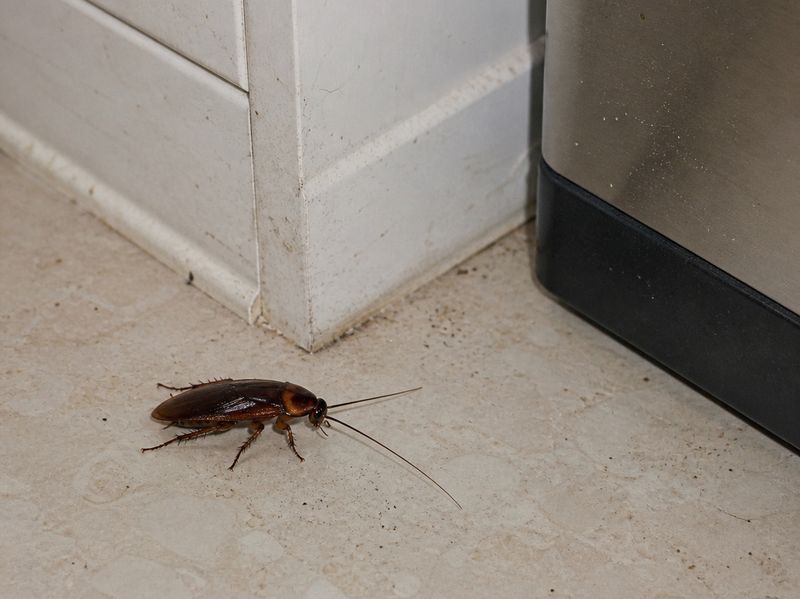 American cockroach on a kitchen floor beside a dishwasher