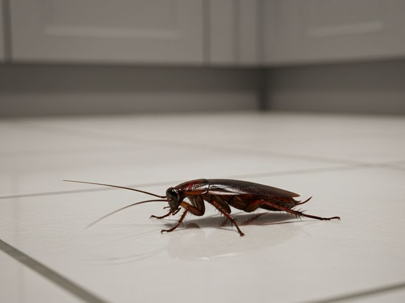 Cockroach on a tiled kitchen floor at night