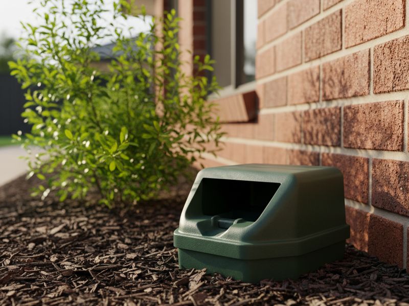 Lockable external rodent bait station installed against a brick wall