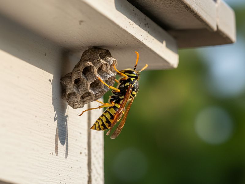 Paper wasp building a nest under the eaves of a house